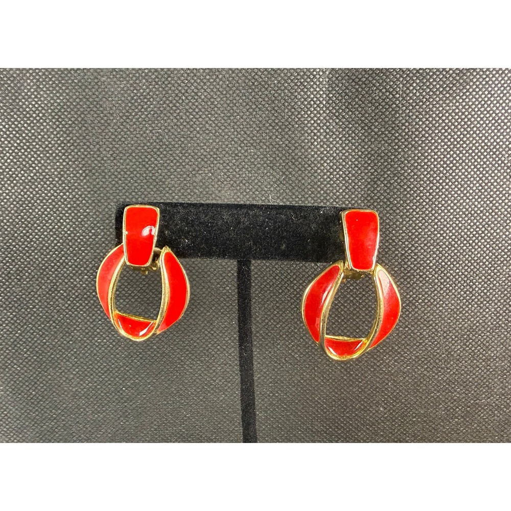 Vintage Red Enamel & Gold Clip‑On Earrings Geometric Rectangle & Oval Statement